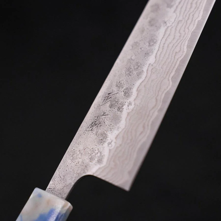 Bunka AUS-10 Nashiji Damast Blau-Weißer-Mix Ozeanplastik Griff 170mm - Image 3