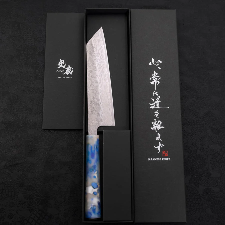 Bunka AUS-10 Nashiji Damast Blau-Weißer-Mix Ozeanplastik Griff 170mm - Image 8
