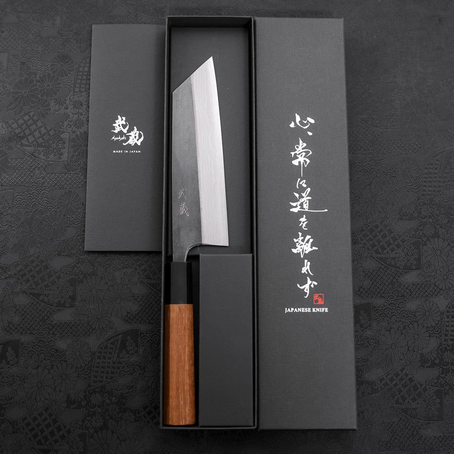 Bunka Blue Steel #2 Kurouchi Damast Büffelhorn und Teakholz Griff 165mm - Image 8