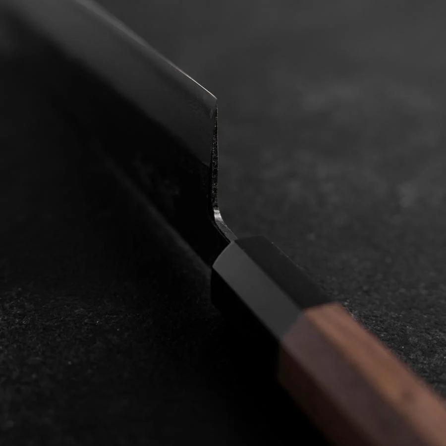 Bunka Blue Steel #2 Kurouchi Damast Büffelhorn und Walnussholz Griff 180mm - Image 4