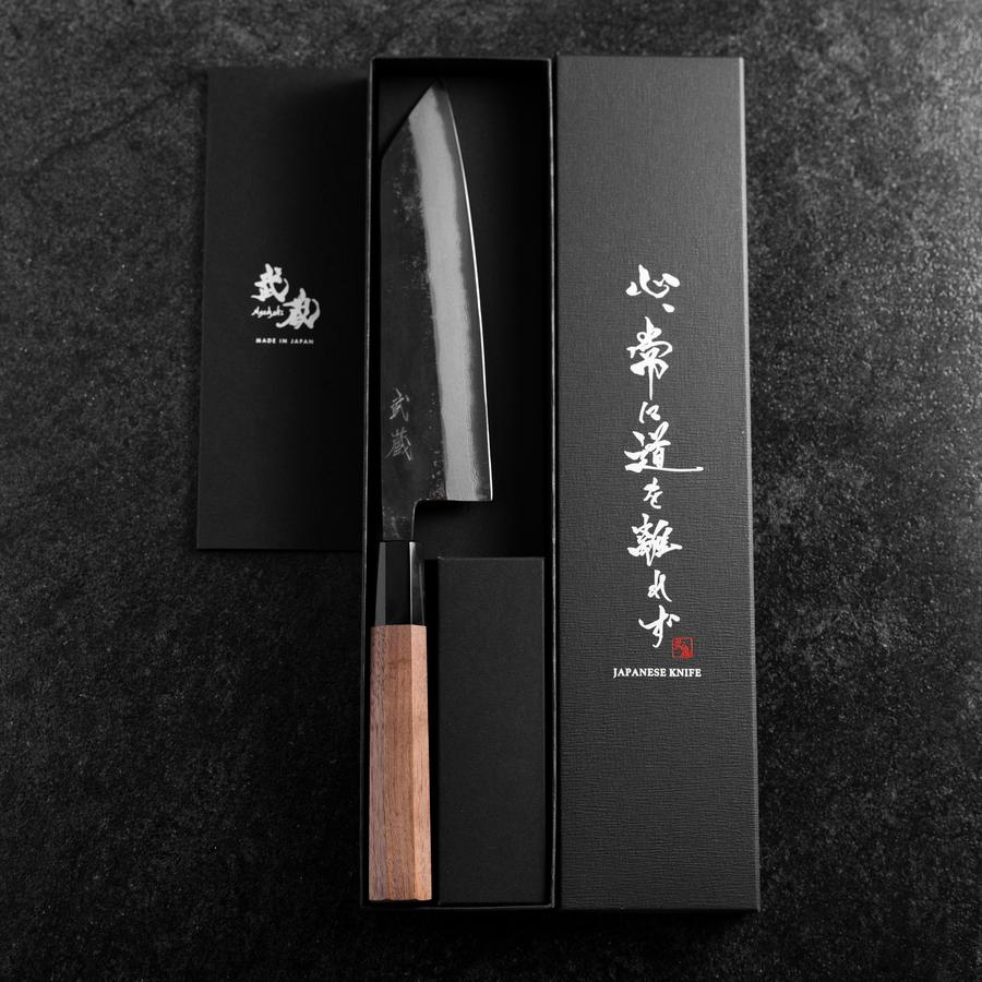 Bunka Blue Steel #2 Kurouchi Damast Büffelhorn und Walnussholz Griff 180mm - Image 8