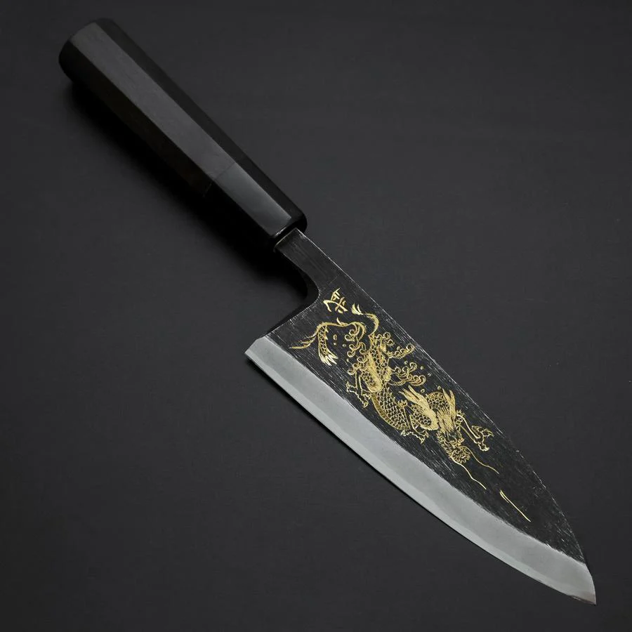 Deba Blue Steel #2 Kurouchi Chokin Drache Büffelhorn und Ebenholz Griff 150mm
