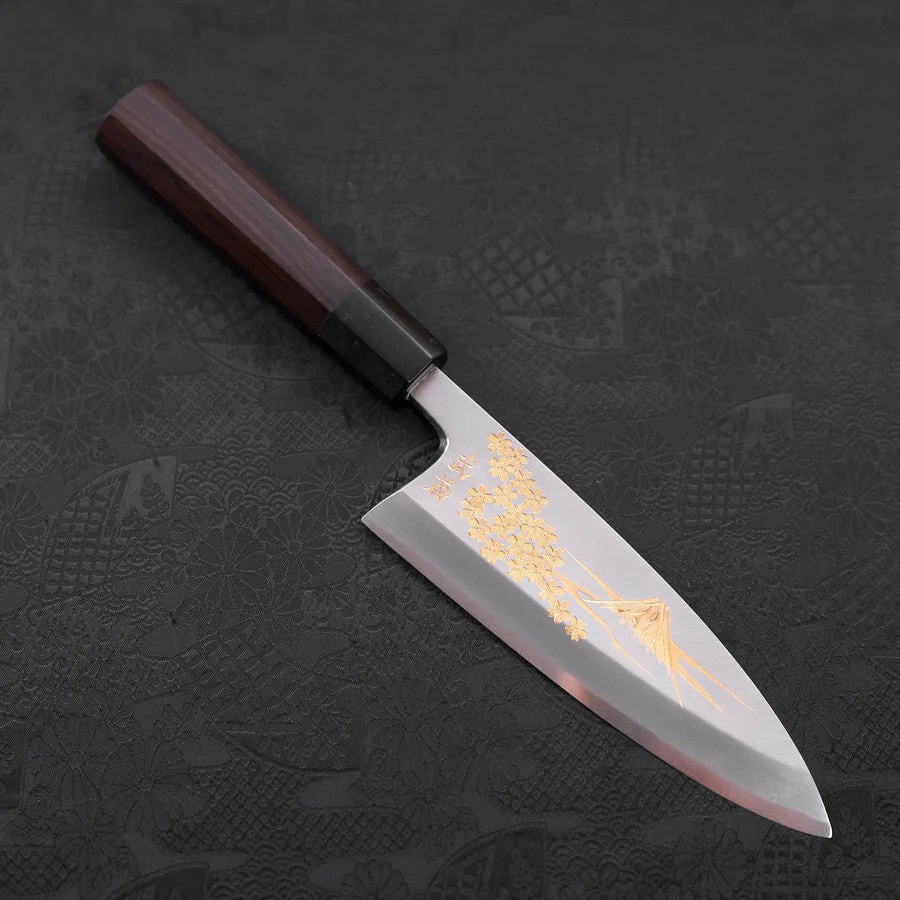 Deba White Steel #2 Kasumi Chokin "Sakura-Fuji" Büffelhorn und Ebenholz Griff 165mm