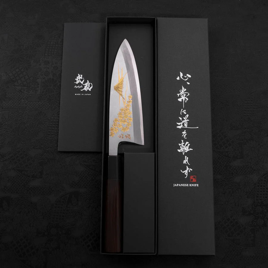 Deba White Steel #2 Kasumi Chokin "Sakura-Fuji" Büffelhorn und Ebenholz Griff 165mm - Image 8