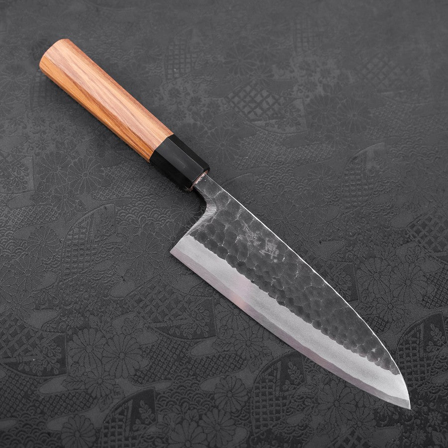 Deba White Steel #2 Kurouchi Tsuchime Büffelhorn und Teakholz Griff 180mm