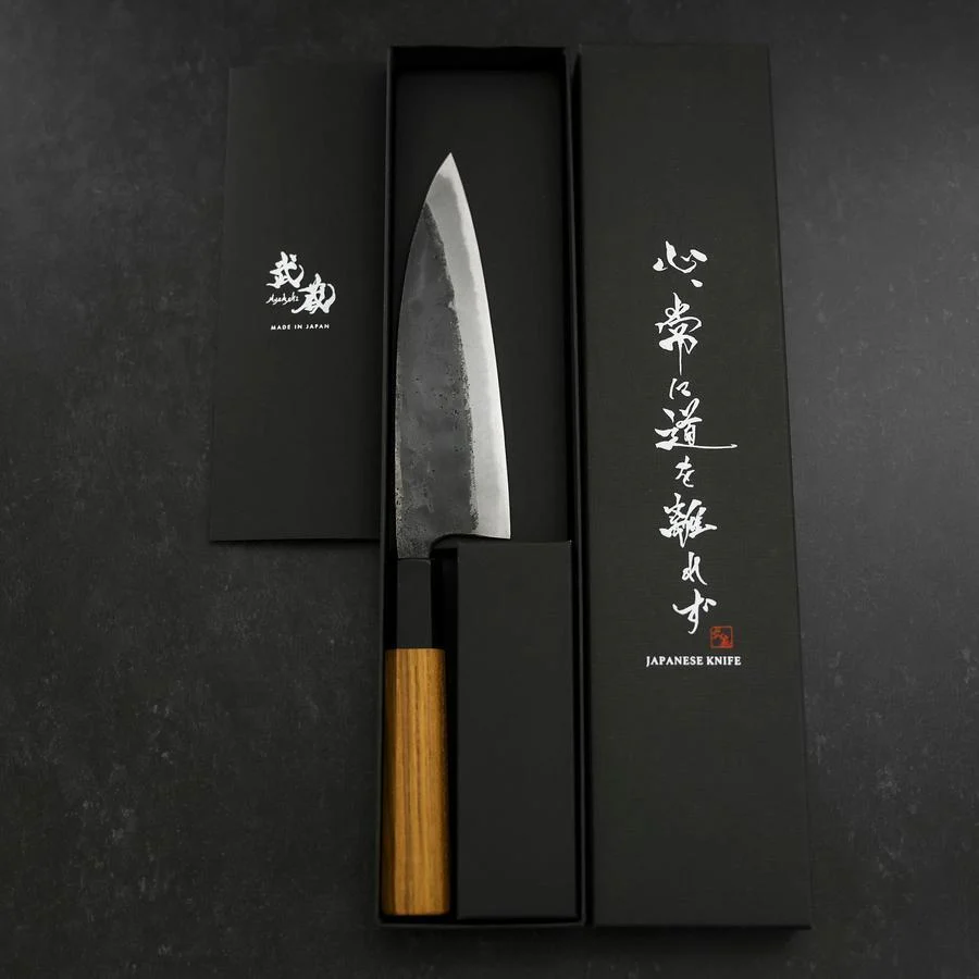 Funayuki Sabaki Blue Steel #2 Kurouchi Büffelhorn und Teakholz Griff 165mm - Image 8