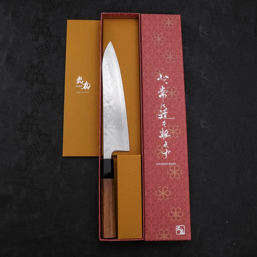 Gyuto AUS-10 Kagami Tsuchime Damast Büffelhorn und Teakholz Griff 210mm - Image 8