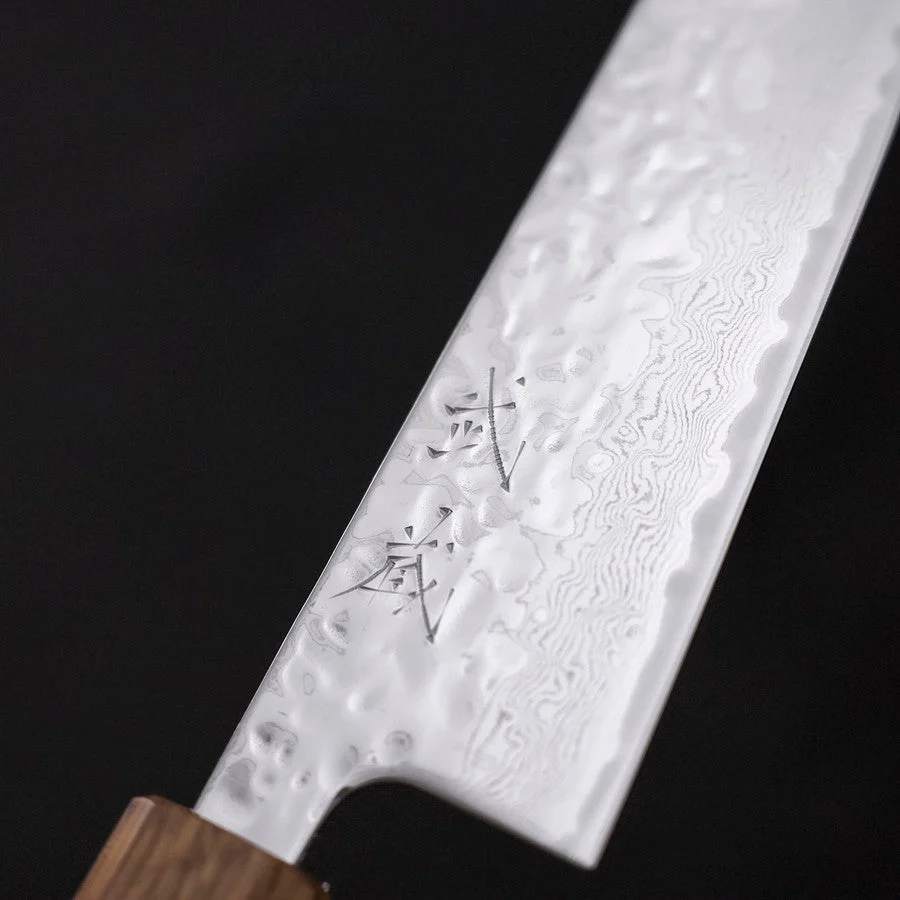 Gyuto AUS-10 Kagami Tsuchime Damast Yaki Urushi Griff 180mm - Image 3