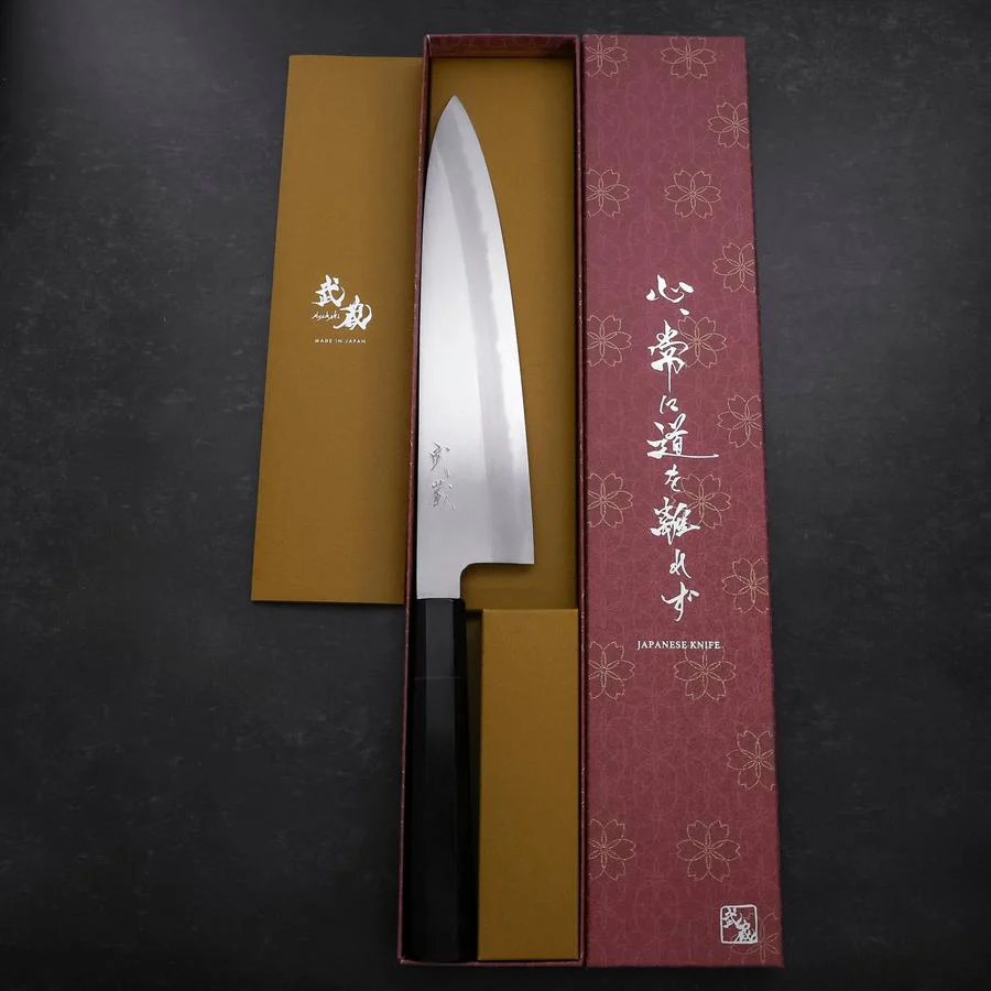 Gyuto Blue Steel #1 Kasumi Büffelhorn und Ebenholz Griff 240mm - Image 8
