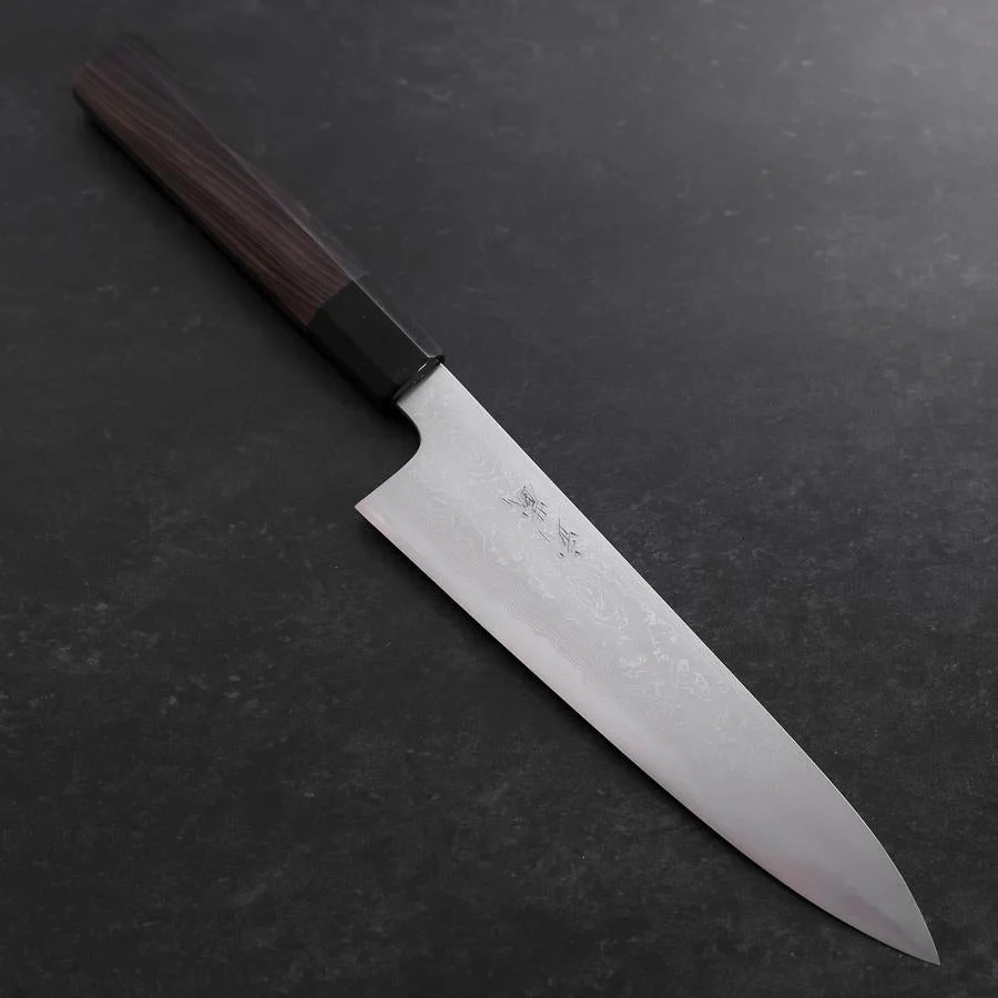 Gyuto Blue Steel #1 Suminagashi Büffelhorn und Ebenholz Griff 180mm