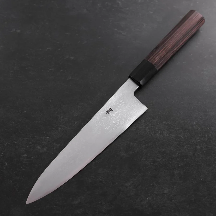 Gyuto Blue Steel #1 Suminagashi Büffelhorn und Ebenholz Griff 180mm - Image 2