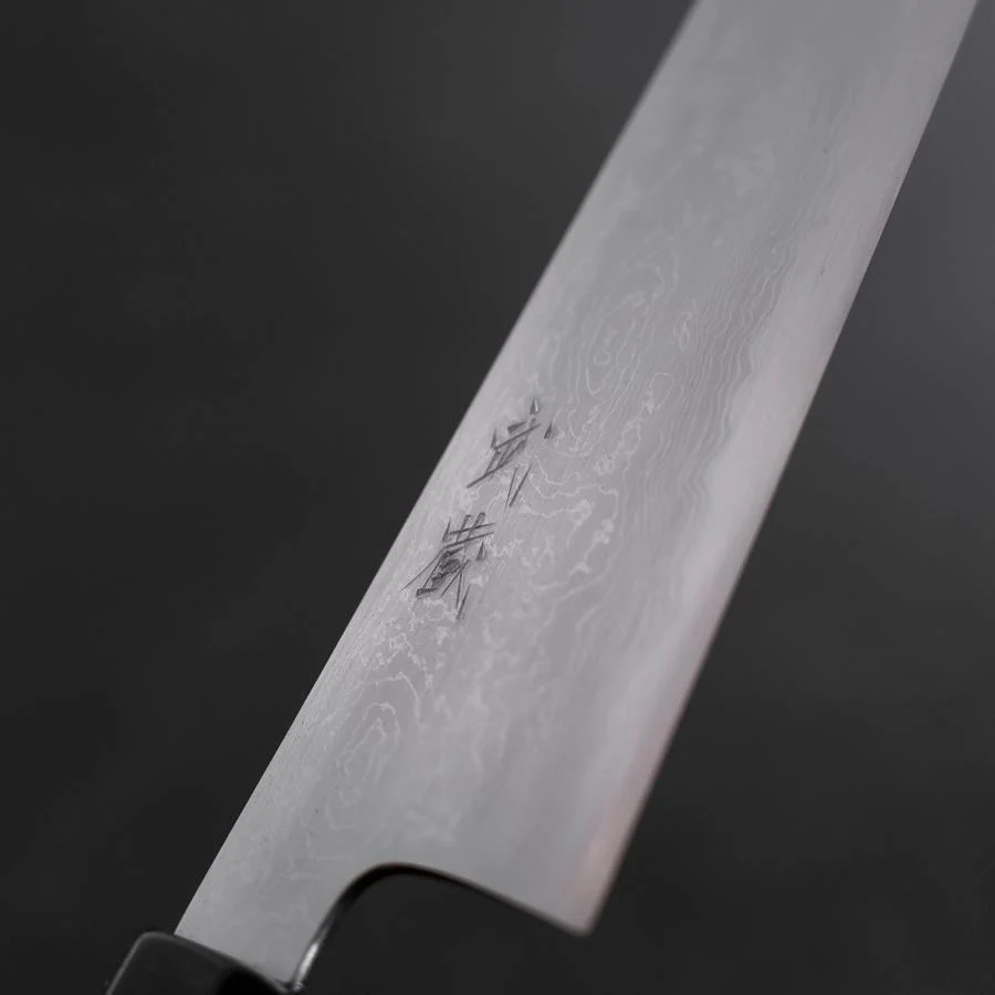 Gyuto Blue Steel #1 Suminagashi Büffelhorn und Ebenholz Griff 180mm - Image 3