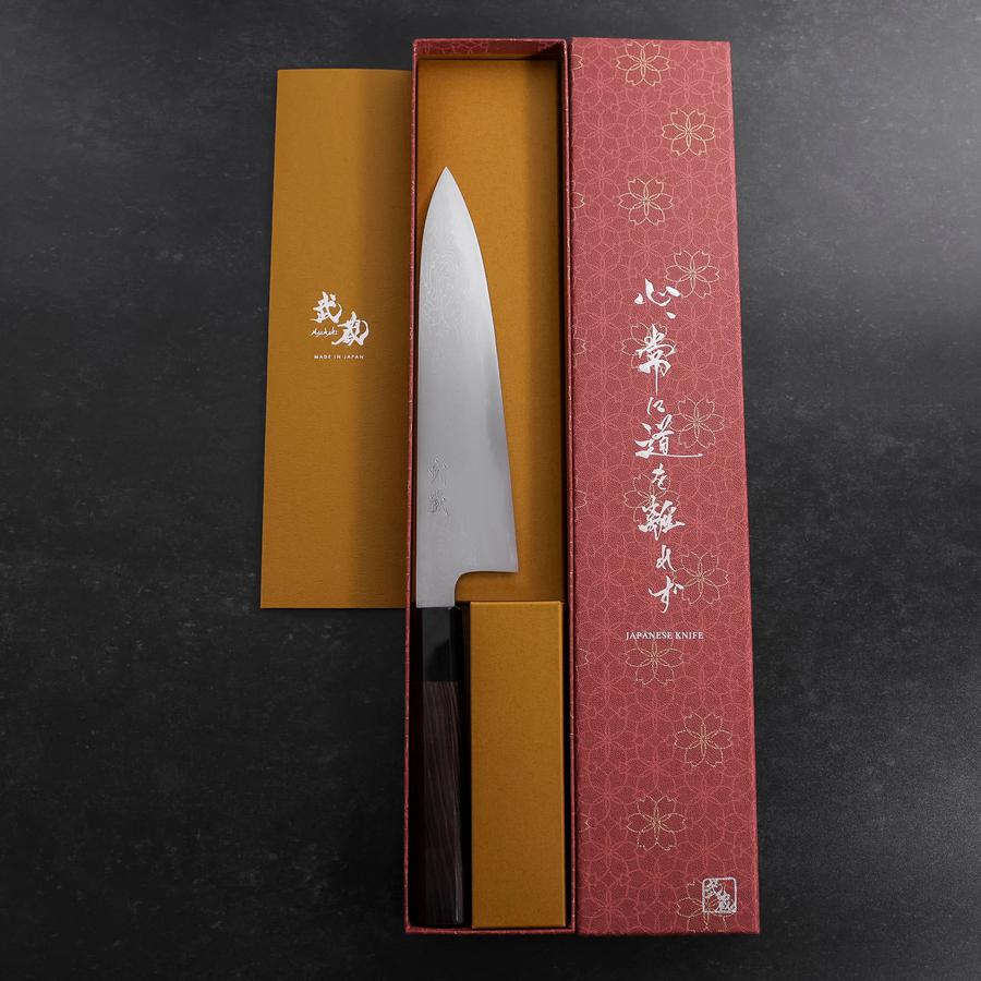 Gyuto Blue Steel #1 Suminagashi Büffelhorn und Ebenholz Griff 180mm - Image 8