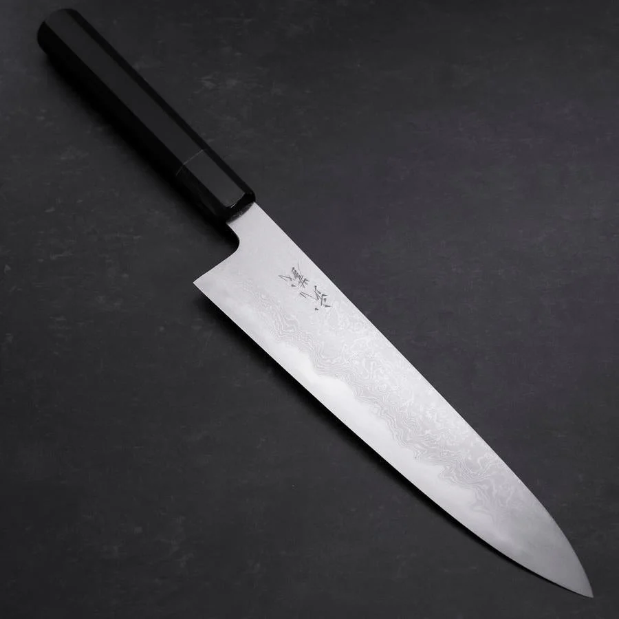 Gyuto Blue Steel #1 Suminagashi Büffelhorn und Ebenholz Griff 240mm