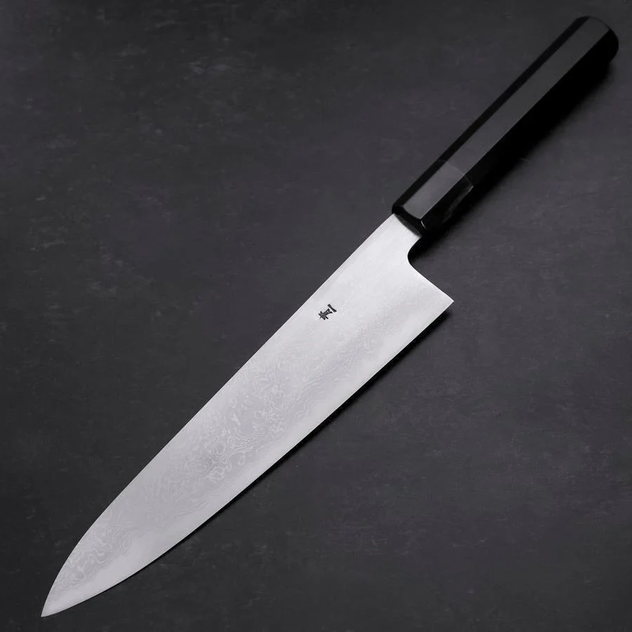 Gyuto Blue Steel #1 Suminagashi Büffelhorn und Ebenholz Griff 240mm - Image 2
