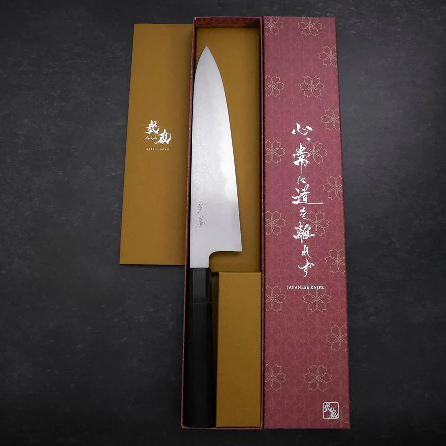 Gyuto Blue Steel #1 Suminagashi Büffelhorn und Ebenholz Griff 240mm - Image 8