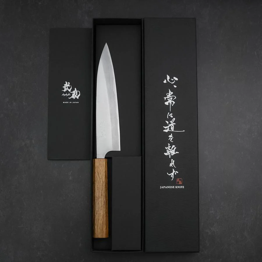 Gyuto Blue Steel #2 Edelstahlummantelung Poliert Eichenholz Griff 165mm - Image 8