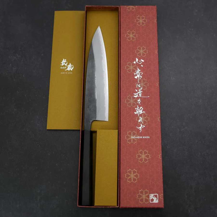 Gyuto Blue Steel #2 Kurouchi Büffelhorn und Ebenholz Griff 210mm - Image 8