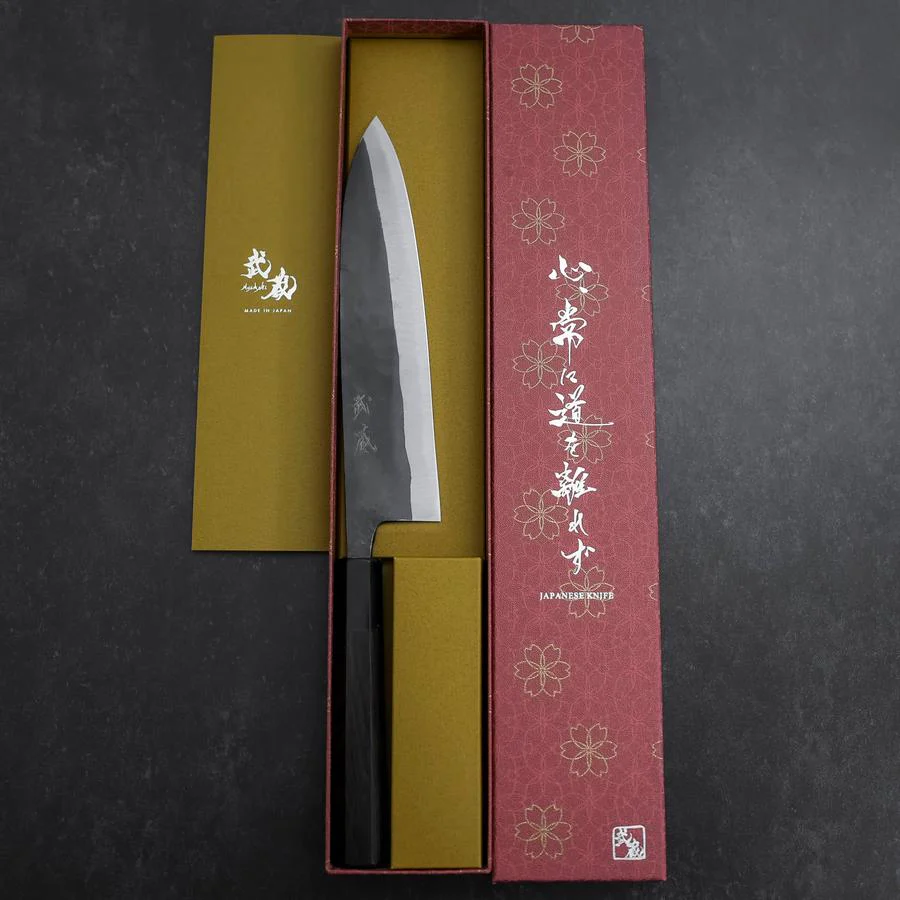 Gyuto Blue Steel #2 Kurouchi Büffelhorn und Ebenholz Griff 210mm - Image 8
