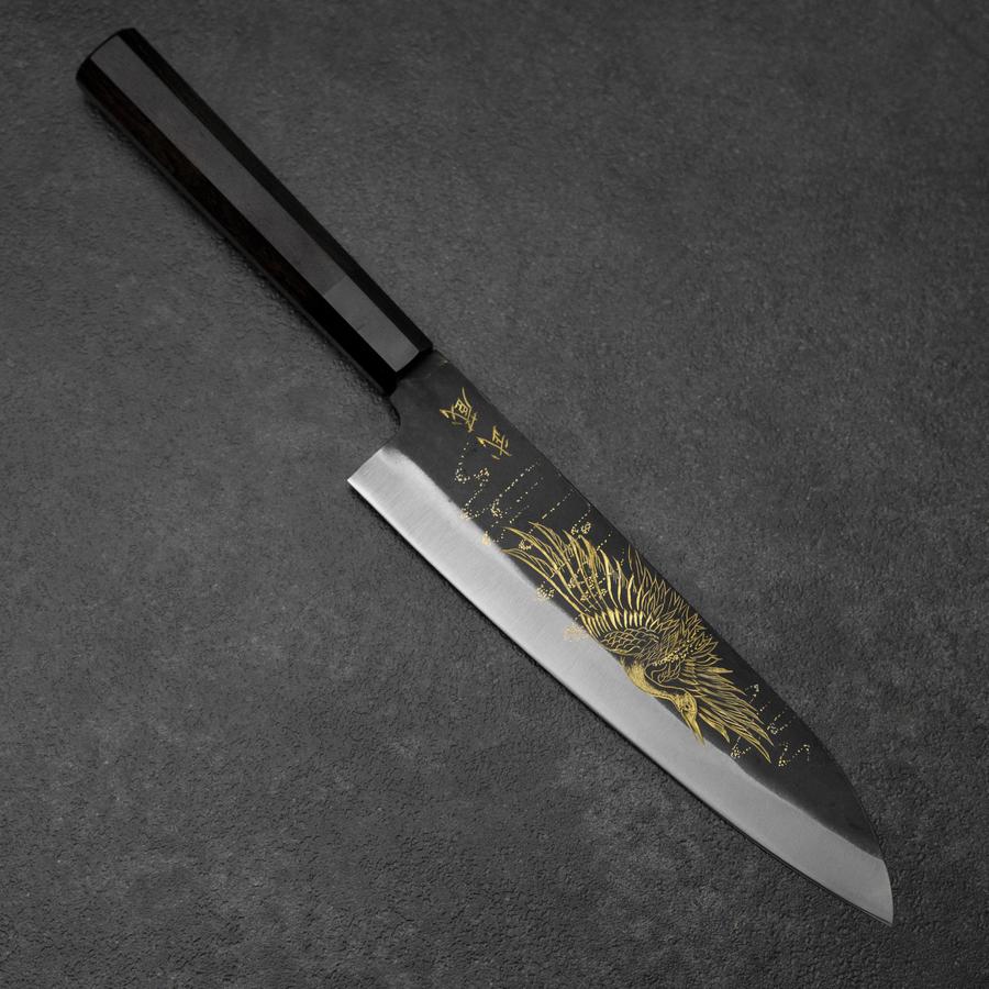 Gyuto Blue Steel #2 Kurouchi Chokin Kranich Büffelhorn und Ebenholz Griff 210mm