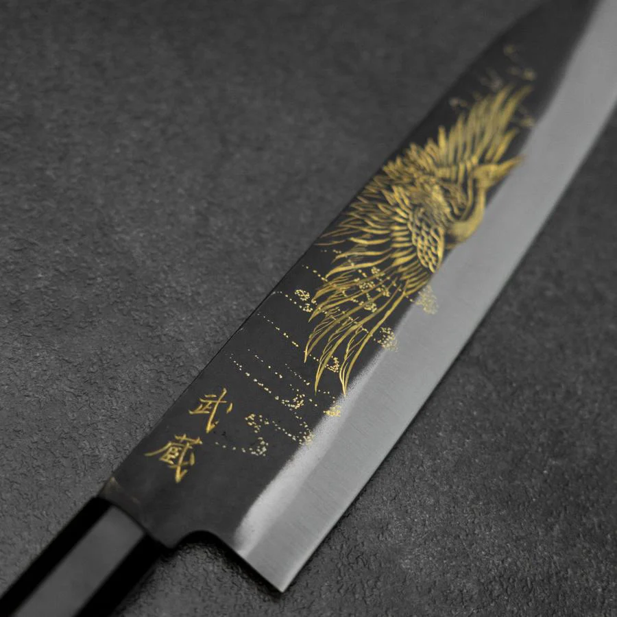 Gyuto Blue Steel #2 Kurouchi Chokin Kranich Büffelhorn und Ebenholz Griff 210mm - Image 3