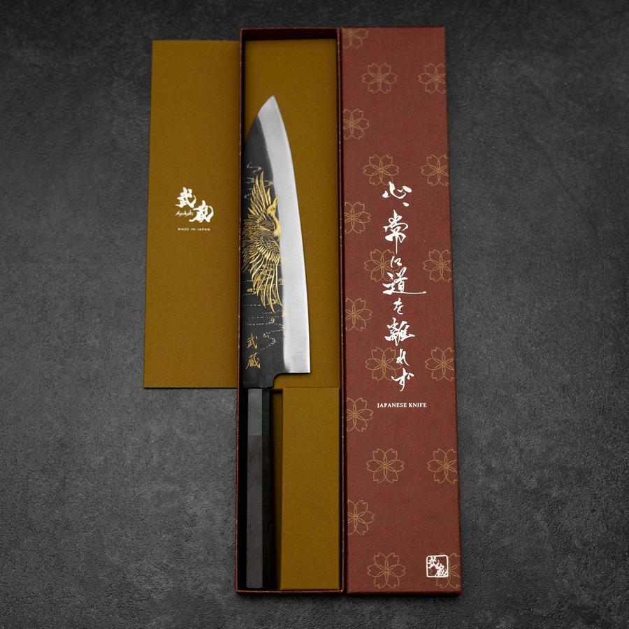 Gyuto Blue Steel #2 Kurouchi Chokin Kranich Büffelhorn und Ebenholz Griff 210mm - Image 8