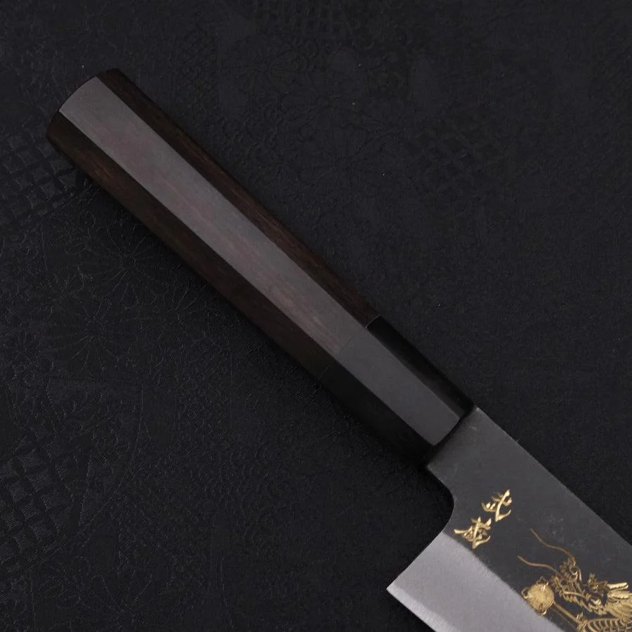 Gyuto Blue Steel #2 Kurouchi Chokin "Drache" Büffelhorn und Ebenholz Griff 210mm - Image 8