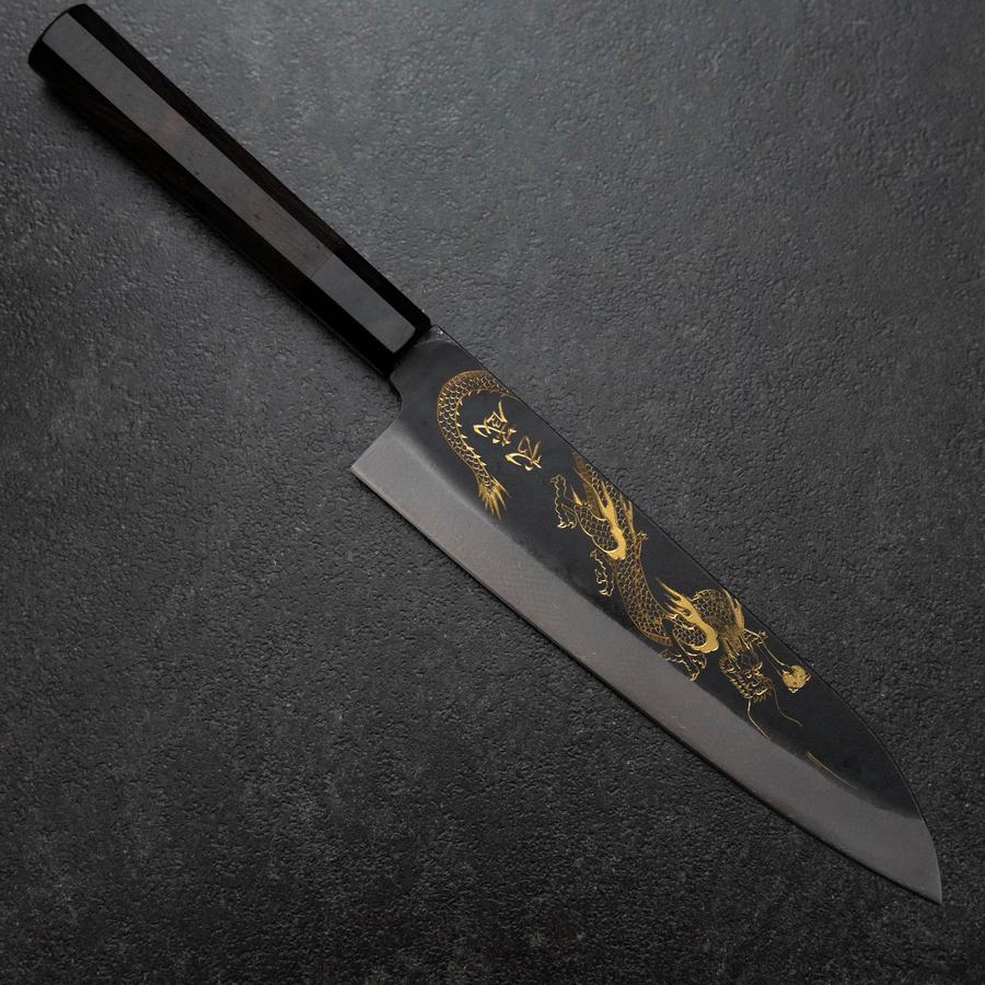 Gyuto Blue Steel #2 Kurouchi Chokin Drache Büffelhorn und Ebenholz Griff 210mm (Asamura)