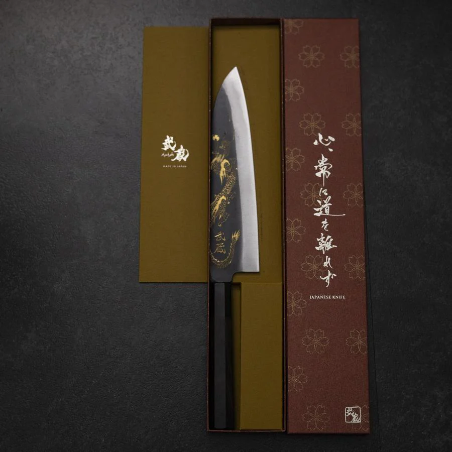 Gyuto Blue Steel #2 Kurouchi Chokin Drache Büffelhorn und Ebenholz Griff 210mm (Asamura) - Image 8