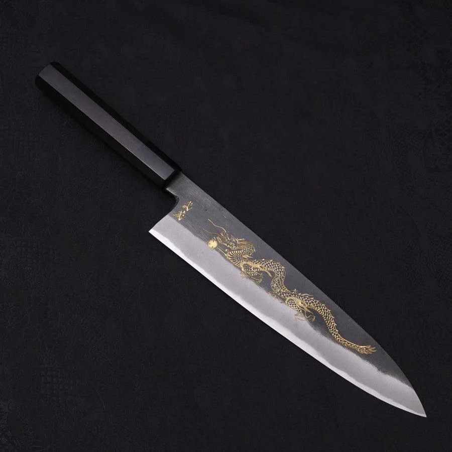 Gyuto Blue Steel #2 Kurouchi Chokin "Drache" Büffelhorn und Ebenholz Griff 240mm