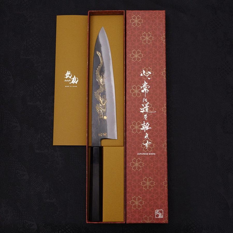 Gyuto Blue Steel #2 Kurouchi Chokin "Drache" Büffelhorn und Ebenholz Griff 240mm - Image 10