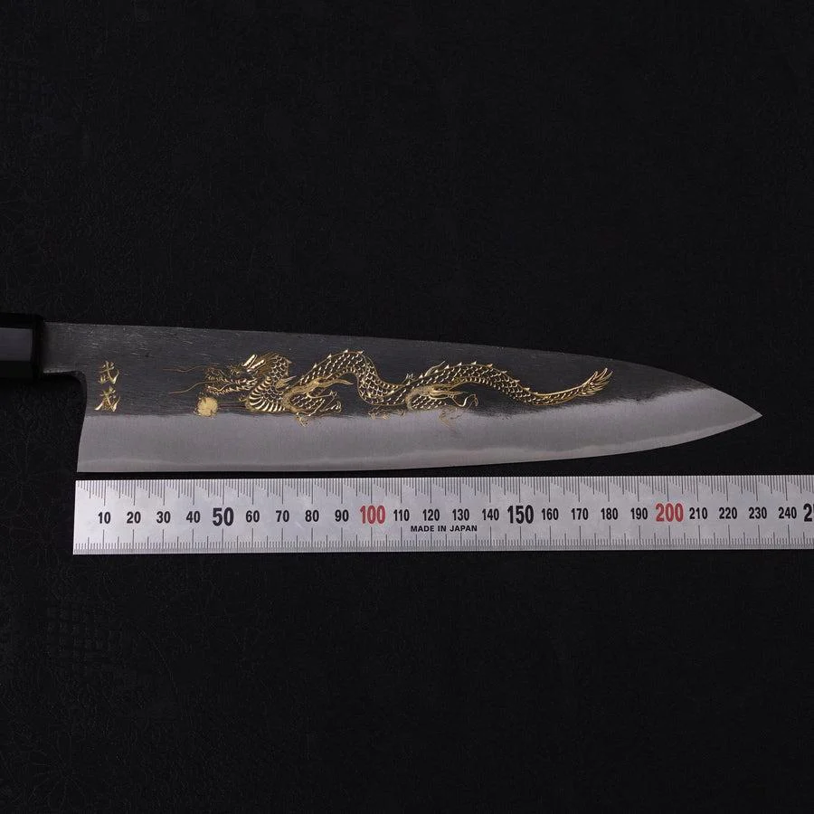 Gyuto Blue Steel #2 Kurouchi Chokin "Drache" Büffelhorn und Ebenholz Griff 240mm - Image 9