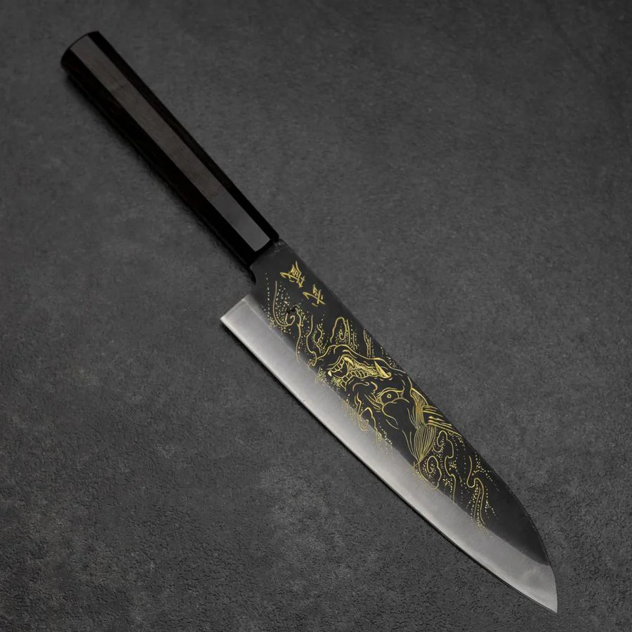Gyuto Blue Steel #2 Kurouchi Chokin Hannya Büffelhorn und Ebenholz Griff 210mm