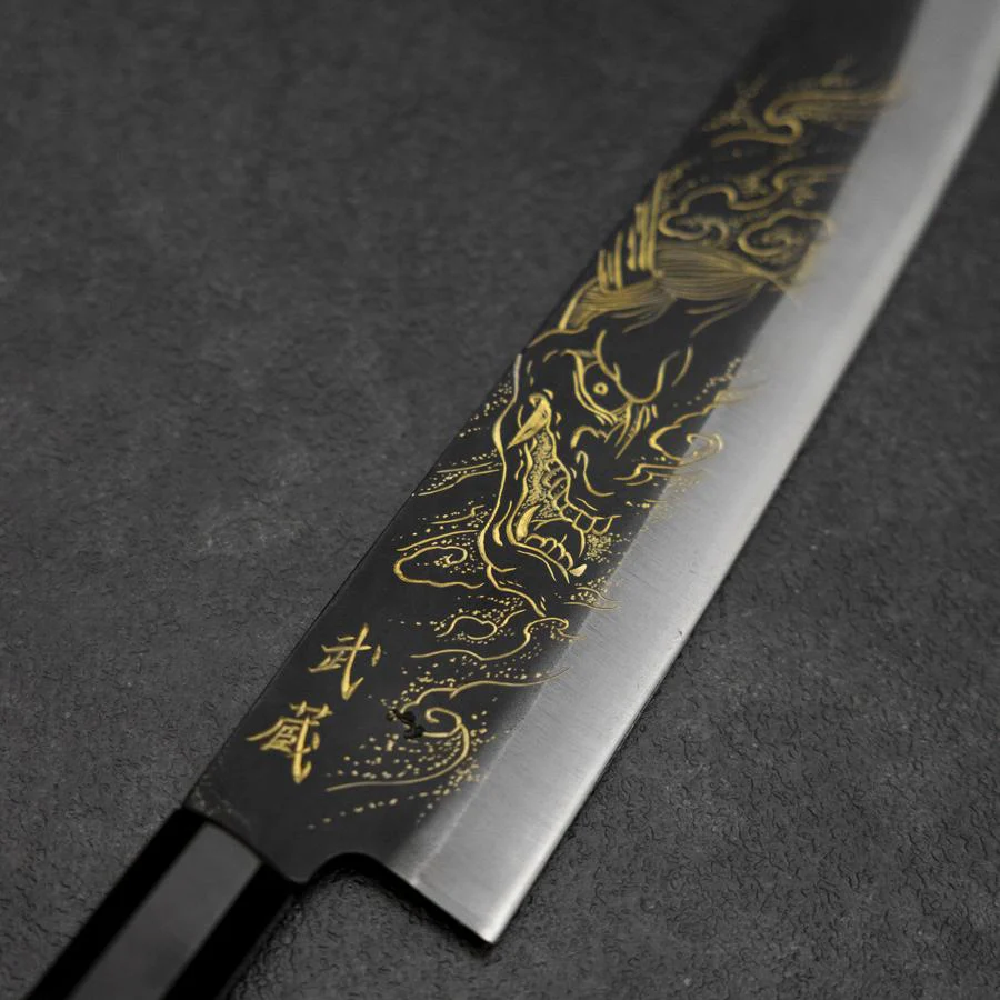 Gyuto Blue Steel #2 Kurouchi Chokin Hannya Büffelhorn und Ebenholz Griff 210mm - Image 3
