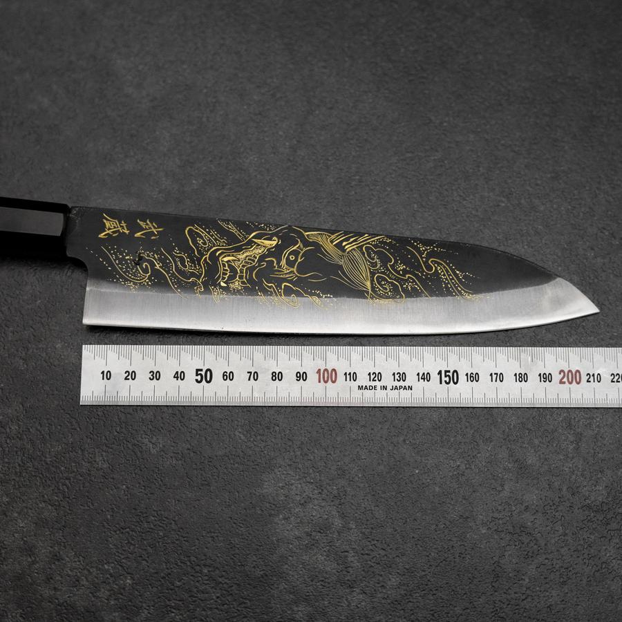 Gyuto Blue Steel #2 Kurouchi Chokin Hannya Büffelhorn und Ebenholz Griff 210mm - Image 7