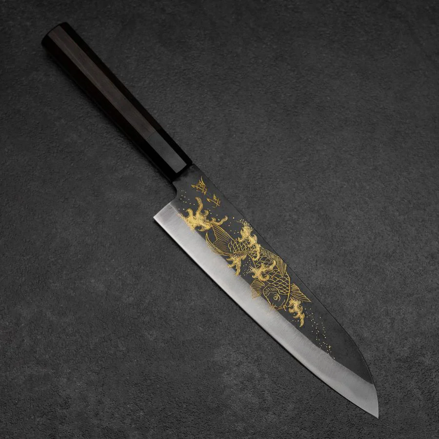 Gyuto Blue Steel #2 Kurouchi Chokin Koi Büffelhorn und Ebenholz Griff 210mm