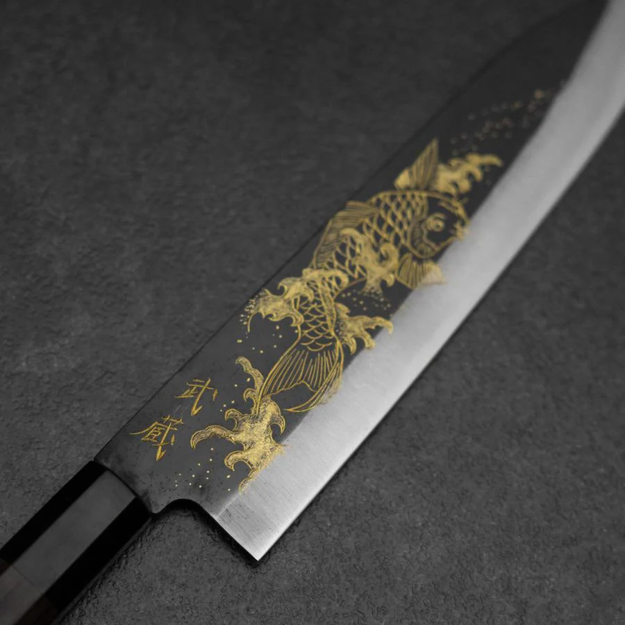 Gyuto Blue Steel #2 Kurouchi Chokin Koi Büffelhorn und Ebenholz Griff 210mm - Image 3