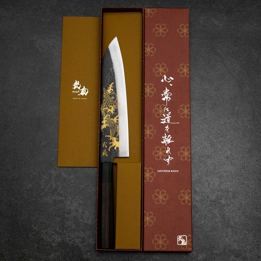 Gyuto Blue Steel #2 Kurouchi Chokin Koi Büffelhorn und Ebenholz Griff 210mm - Image 8
