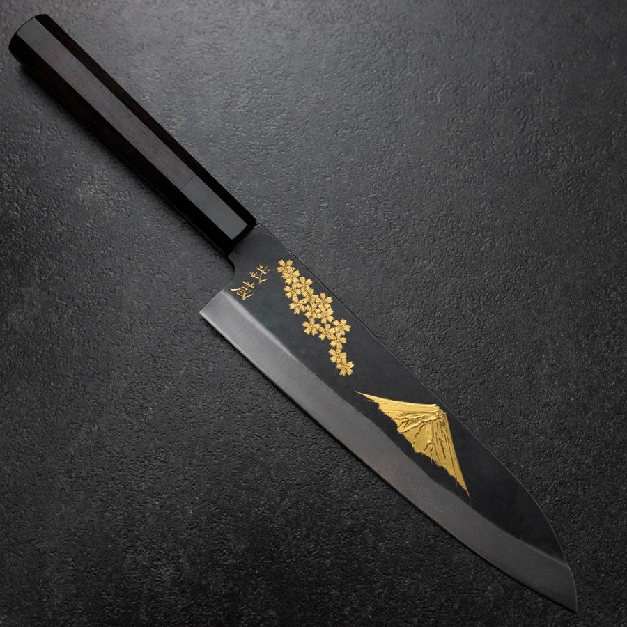 Gyuto Blue Steel #2 Kurouchi Chokin Sakura-Fuji Büffelhorn und Ebenholz Griff 210mm (Asamura)