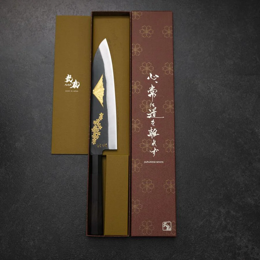 Gyuto Blue Steel #2 Kurouchi Chokin Sakura-Fuji Büffelhorn und Ebenholz Griff 210mm (Asamura) - Image 8