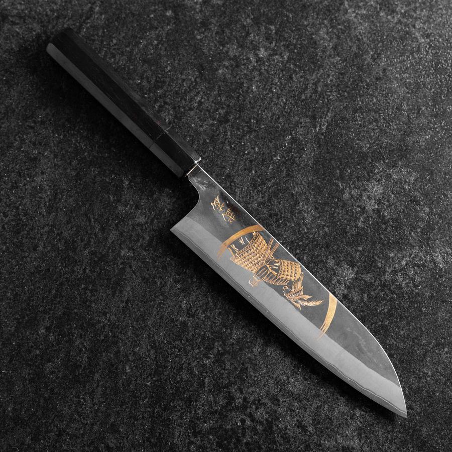 Gyuto Blue Steel #2 Kurouchi Chokin Samurai Neu-Mond Büffelhorn und Ebenholz Griff 210mm (Asamura)