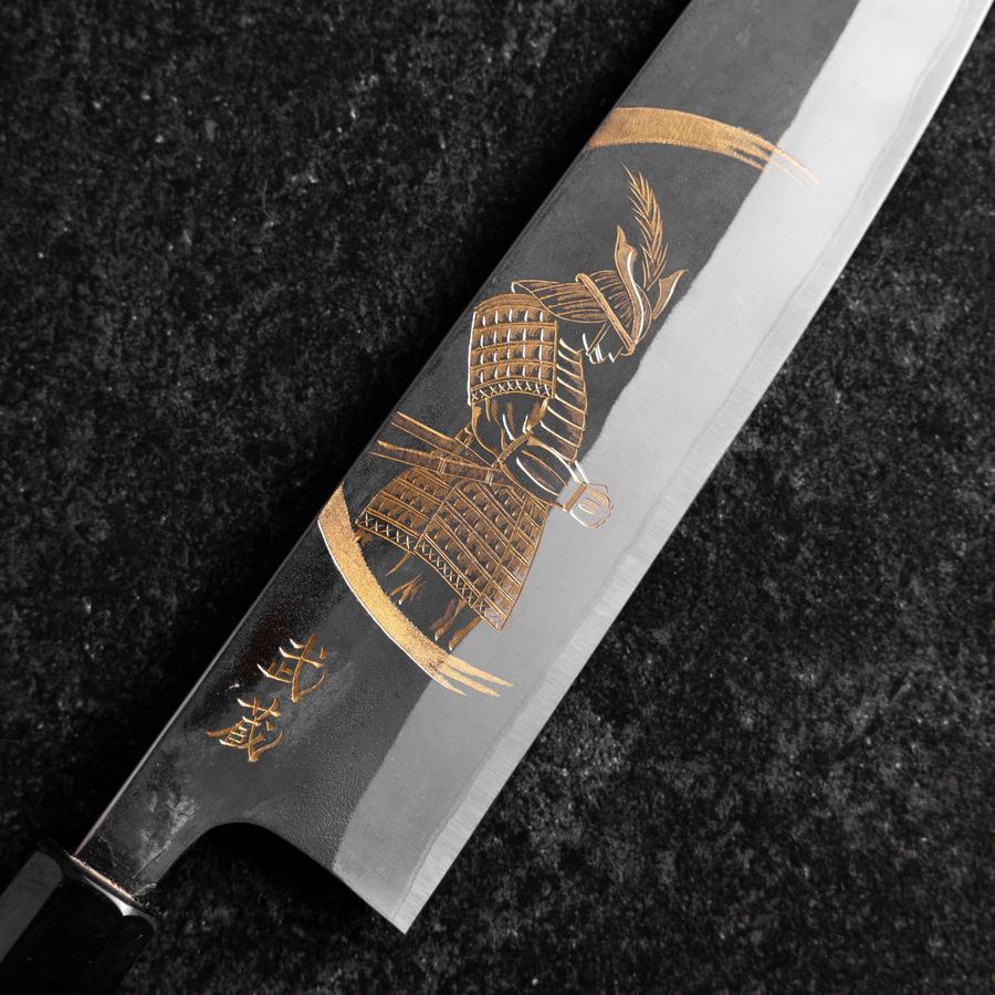 Gyuto Blue Steel #2 Kurouchi Chokin Samurai Neu-Mond Büffelhorn und Ebenholz Griff 210mm (Asamura) - Image 3