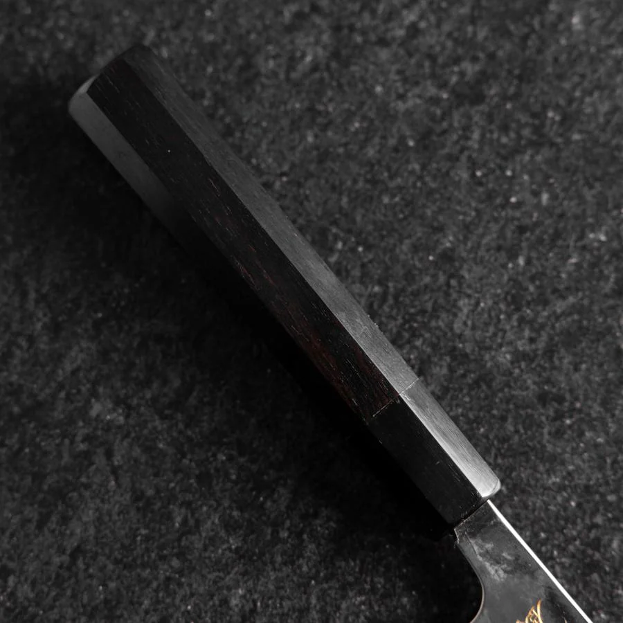Gyuto Blue Steel #2 Kurouchi Chokin Samurai Neu-Mond Büffelhorn und Ebenholz Griff 210mm (Asamura) - Image 6