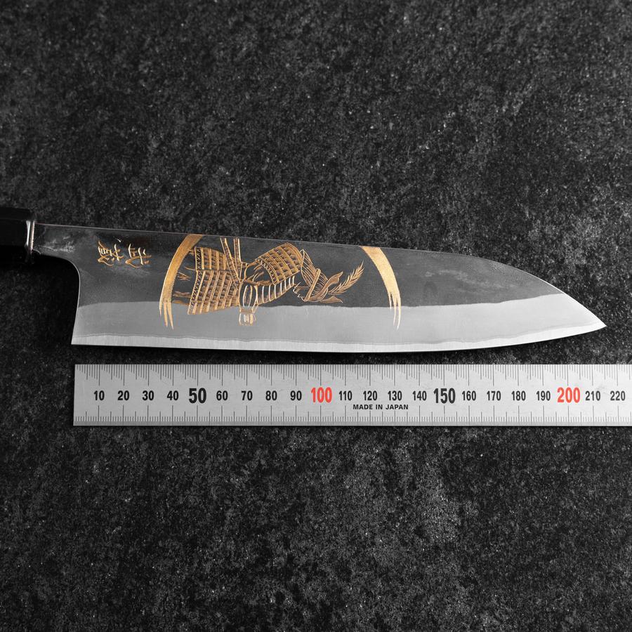 Gyuto Blue Steel #2 Kurouchi Chokin Samurai Neu-Mond Büffelhorn und Ebenholz Griff 210mm (Asamura) - Image 7