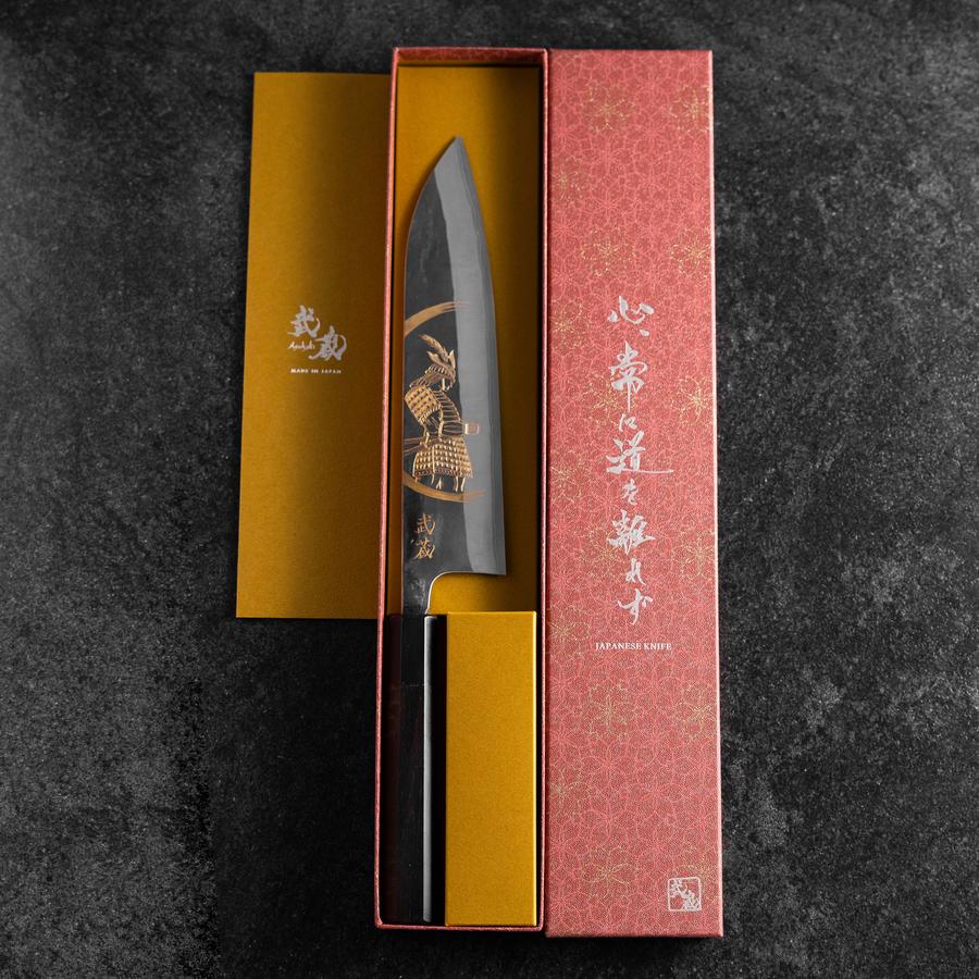 Gyuto Blue Steel #2 Kurouchi Chokin Samurai Neu-Mond Büffelhorn und Ebenholz Griff 210mm (Asamura) - Image 8