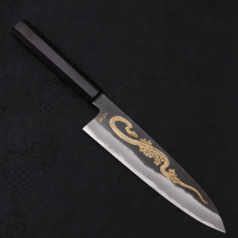 Gyuto Blue Steel #2 Kurouchi Chokin "Schlange In Sakura" Büffelhorn und Ebenholz 210mm