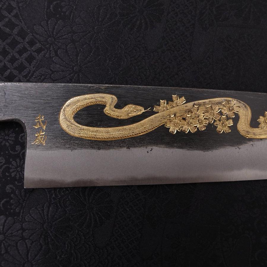Gyuto Blue Steel #2 Kurouchi Chokin "Schlange In Sakura" Büffelhorn und Ebenholz 210mm - Image 5