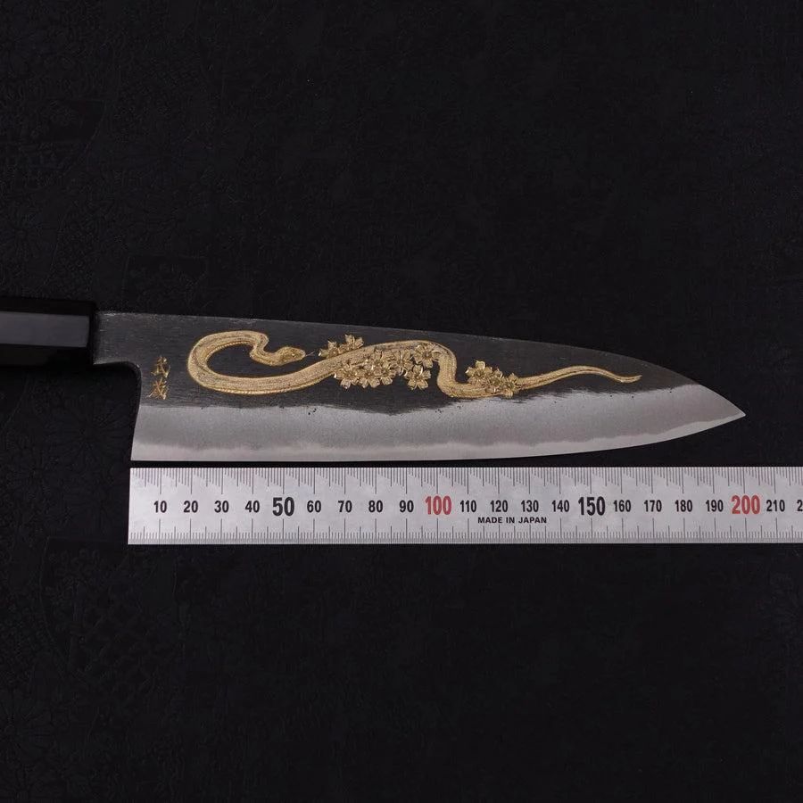 Gyuto Blue Steel #2 Kurouchi Chokin "Schlange In Sakura" Büffelhorn und Ebenholz 210mm - Image 9