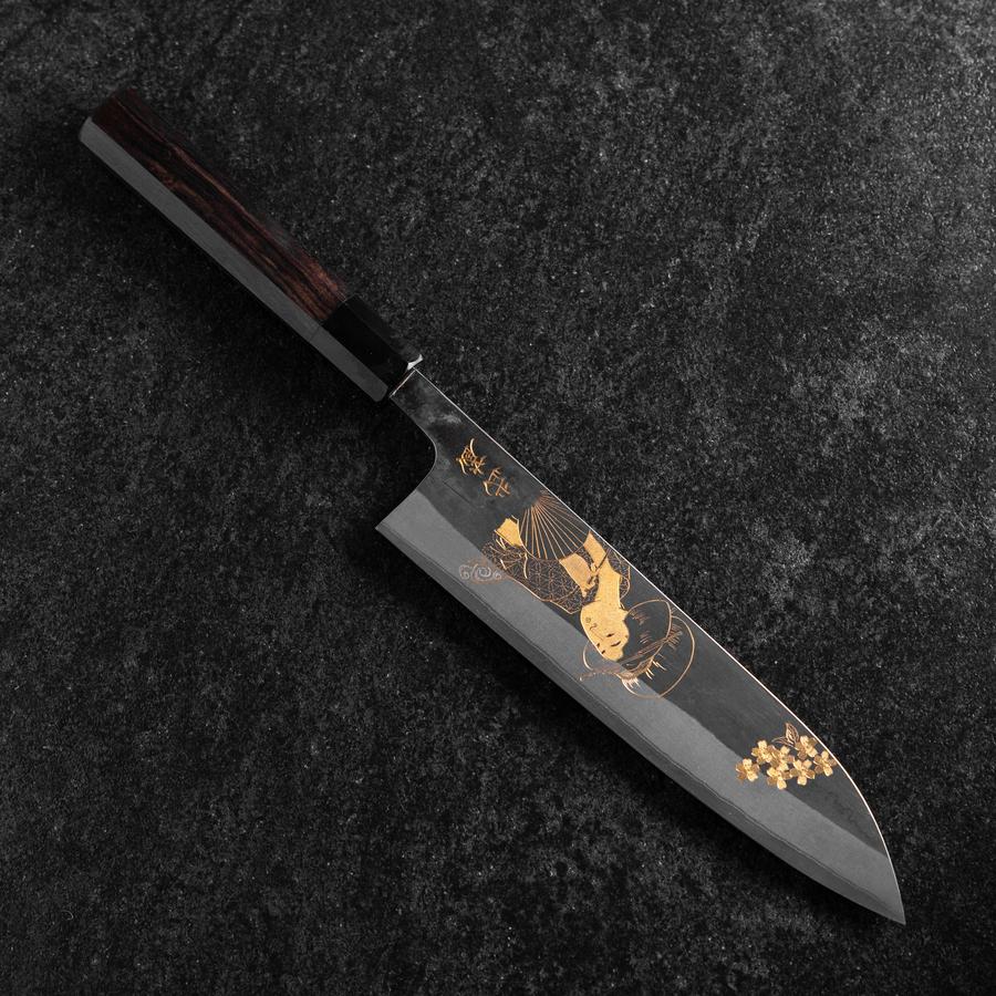 Gyuto Blue Steel #2 Kurouchi Chokin Ukiyo-E Büffelhorn und Ebenholz Griff 210mm (Asamura)