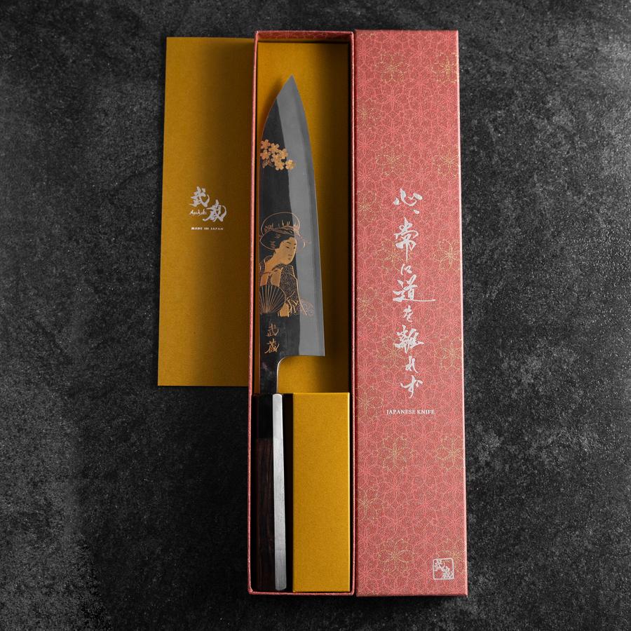 Gyuto Blue Steel #2 Kurouchi Chokin Ukiyo-E Büffelhorn und Ebenholz Griff 210mm (Asamura) - Image 8